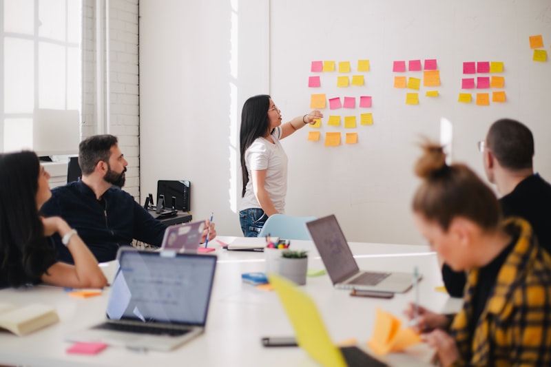 Strategy planning session at a whiteboard wall